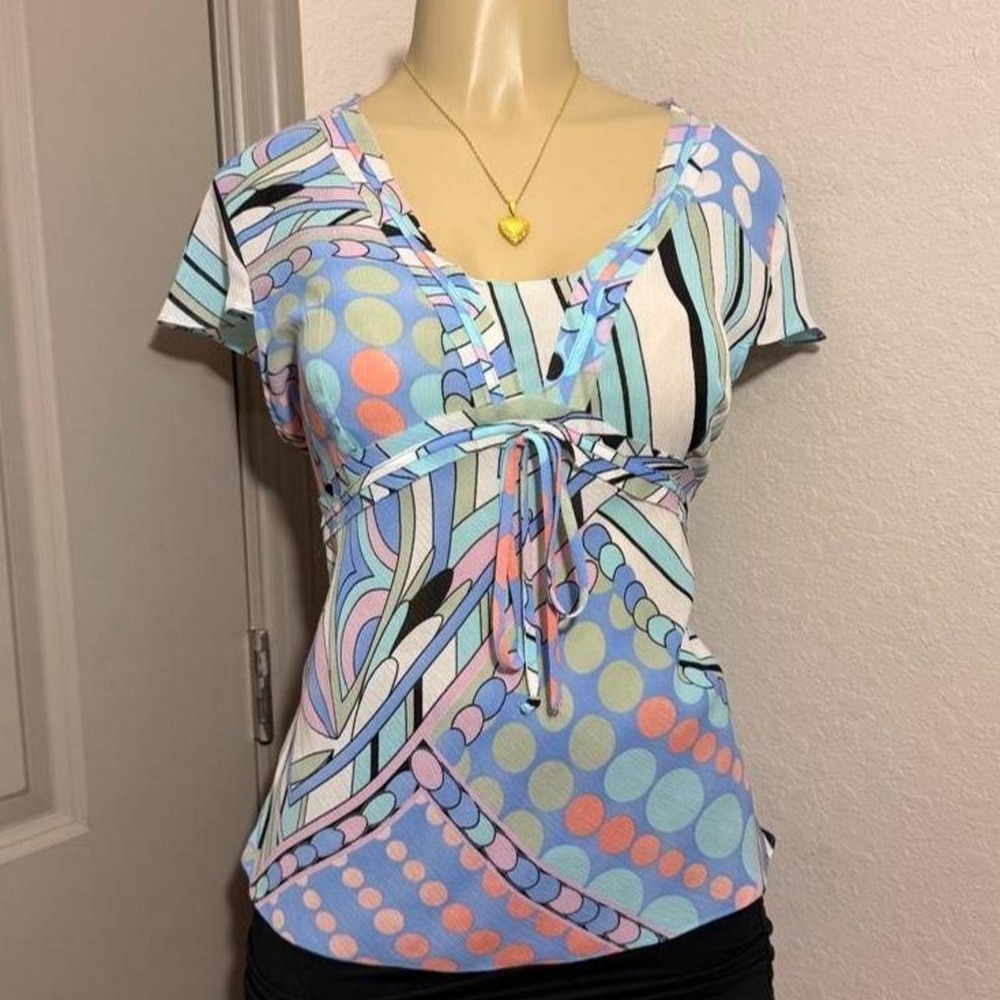 Y2K Agora blue, pink, and multicolor abstract geometric print tie front blouse!